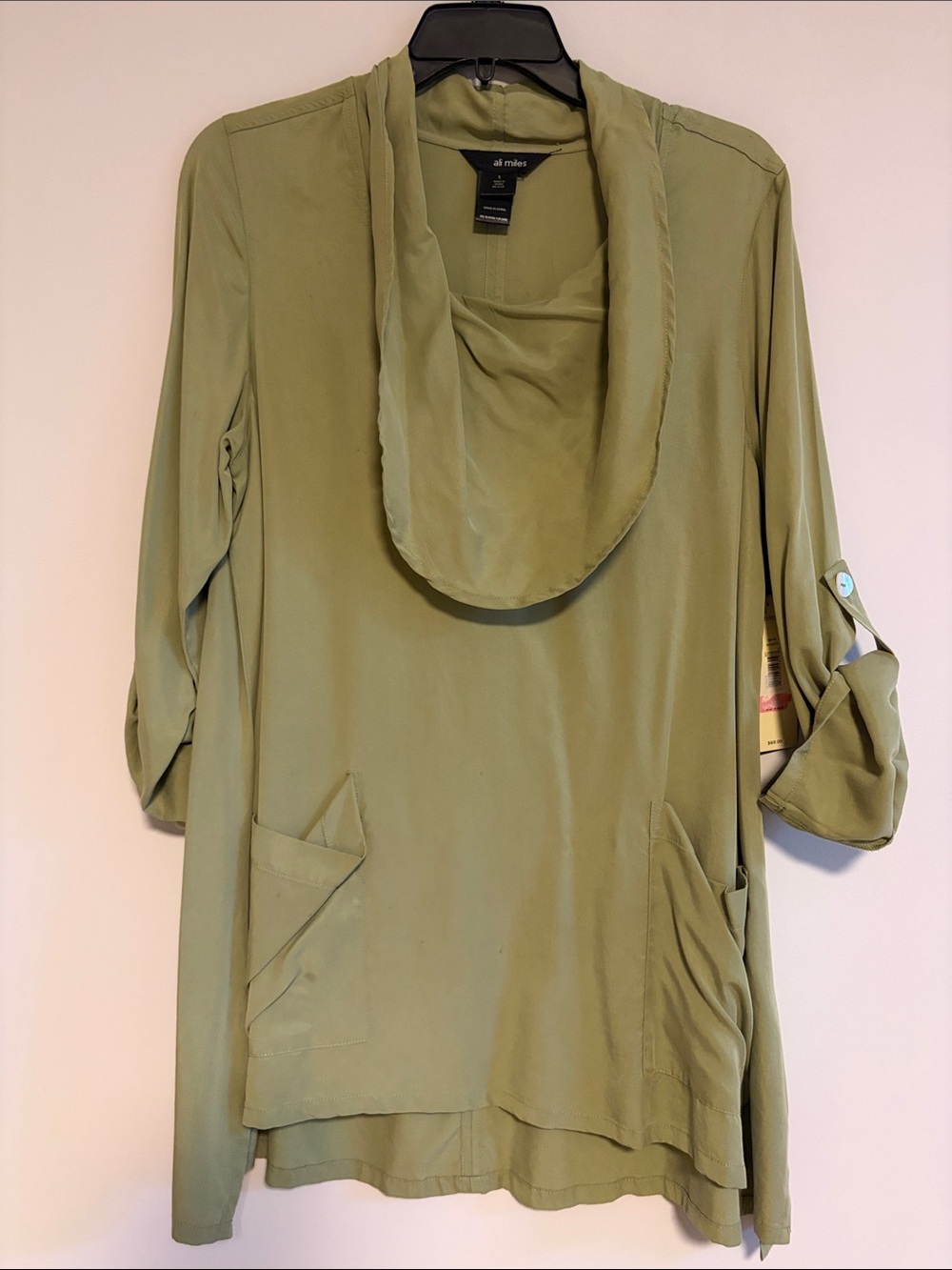 Ali Miles Sage Green Draped Cowl Tunic with Front Pockets